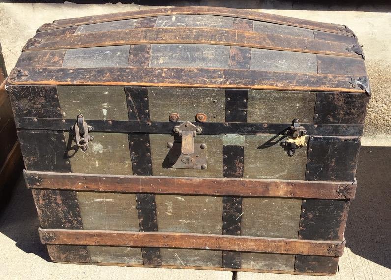 Lot 260: Vintage Dome-Top Trunk Measures 30 inches tall by 34 inches wide by 21 inches depth