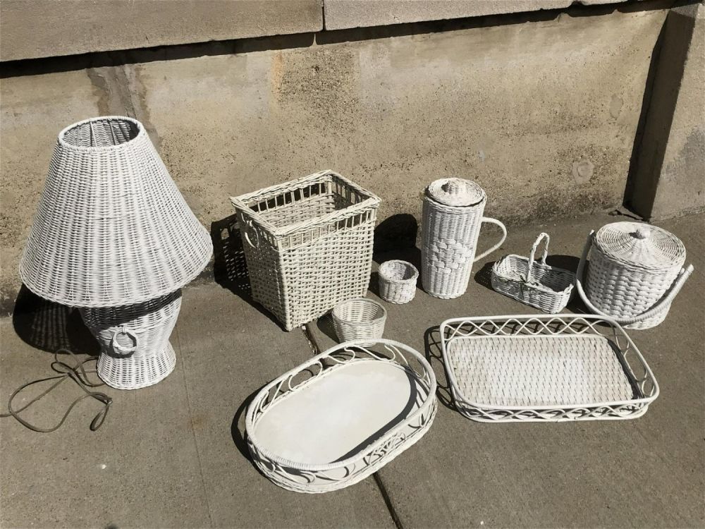 Lot 279: Wicker Accessories Includes Lamp w/ Shade, Trays, & Baskets
