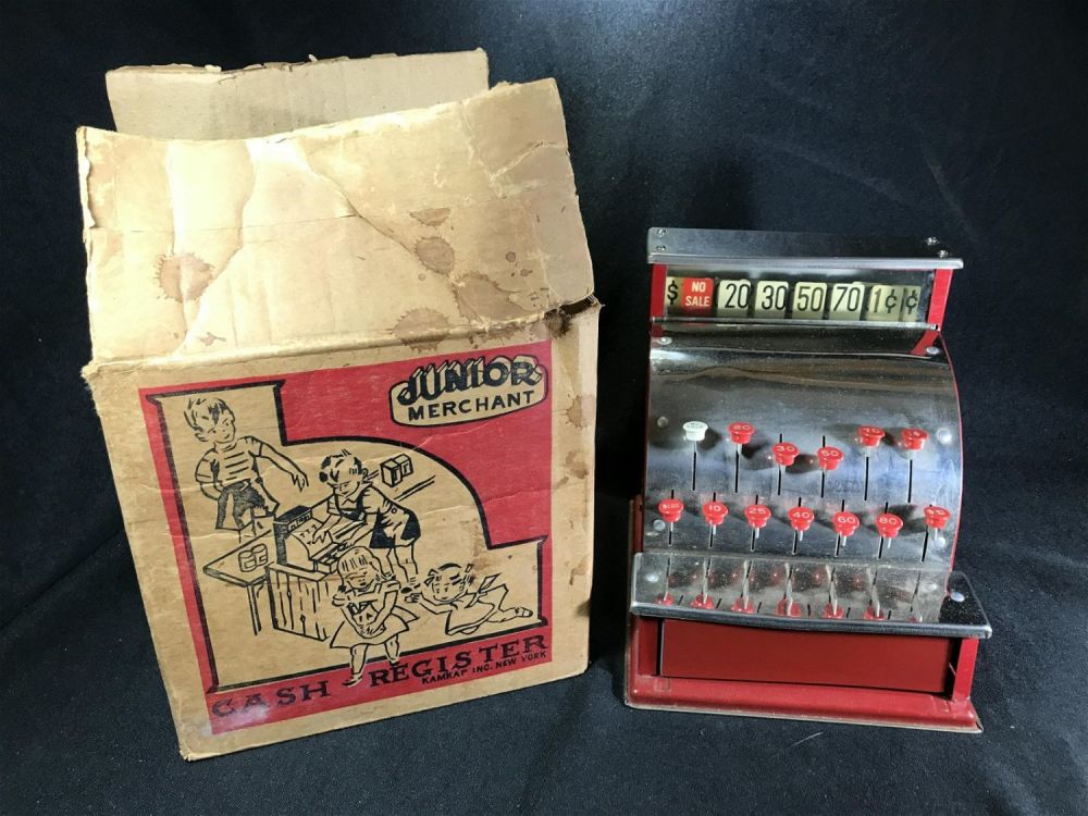 Lot 200: Junior Merchant Cash Register Early Childâ€™s Toy in org box