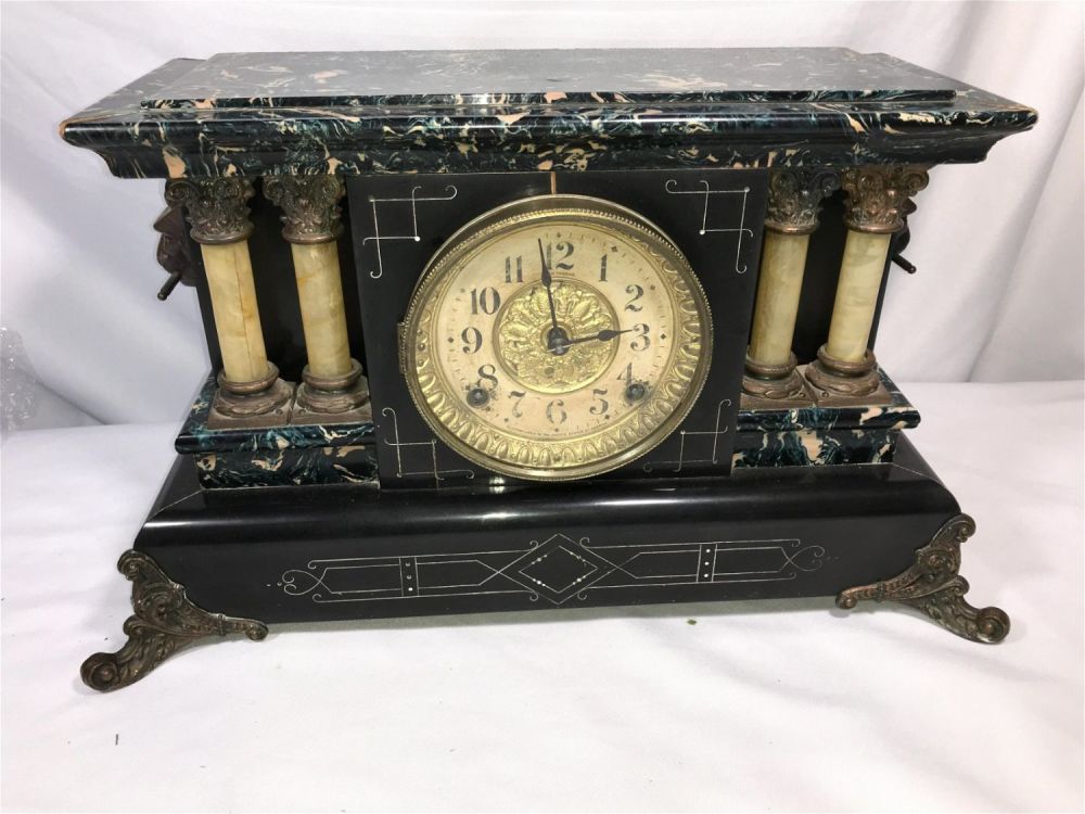Lot 225: Seth Thomas Mantle Clock Measures 11 inches tall by 19 inches wide by 8 inches deep