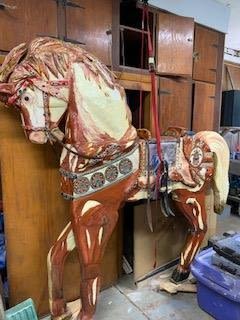 Lot 240: Folk Art Carousel Horse Made from Basswood Hand Carved, Comes with a Hand Carved Wooden Rifle As
