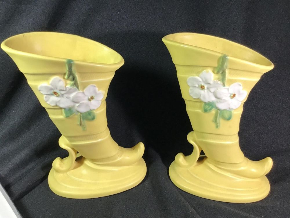 Lot 174: Pair of Weller Pottery Cornucopias Each measures 8.5 x 6 inches