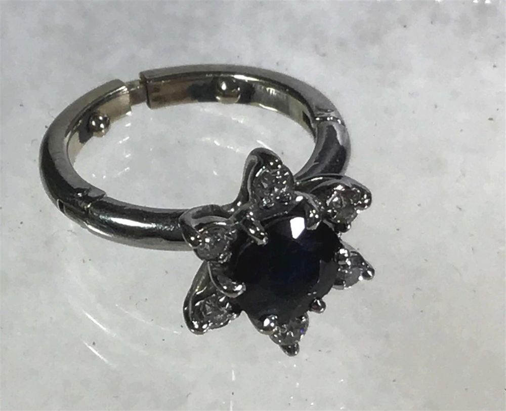 Lot 189: 14K White Gold Sapphire Diamond Surrounds with UNIQUE Hinged Back Ring size 4.5
