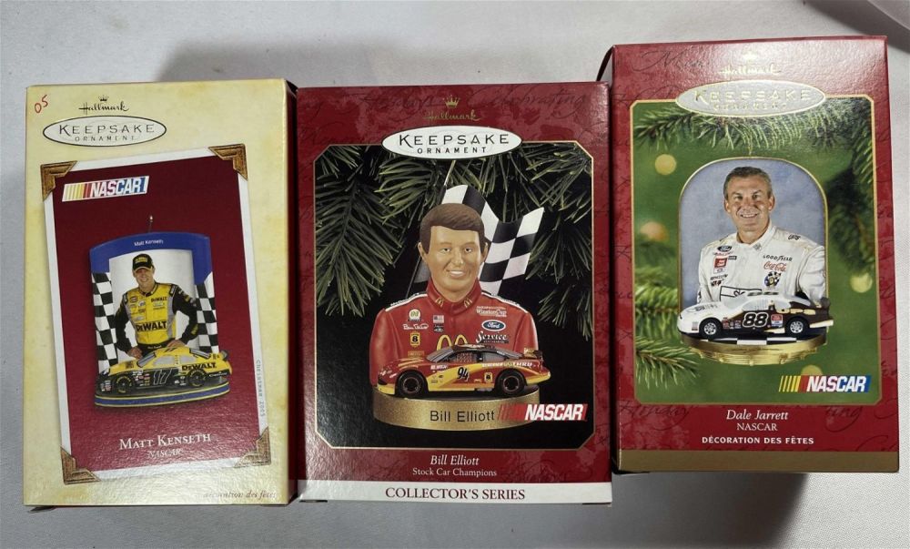 Lot 193: Hallmark Keepsake Ornaments NASCAR Bill Elliot, Matt Kenneth & Dale Jarrett  In org packages