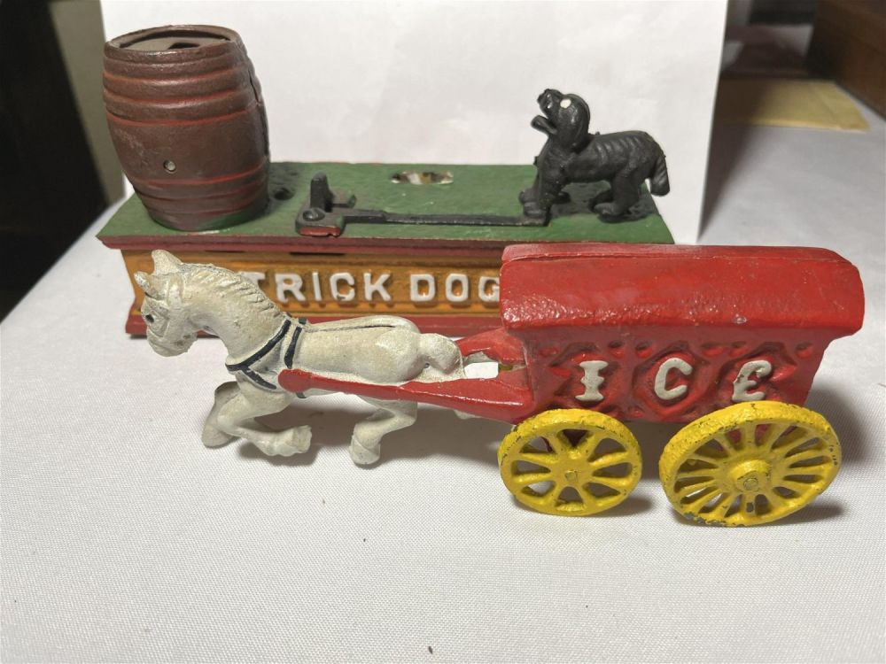 Lot 200: Cast Iron Trick Dog Bank & Ice Wagon Vintage toys, missing parts