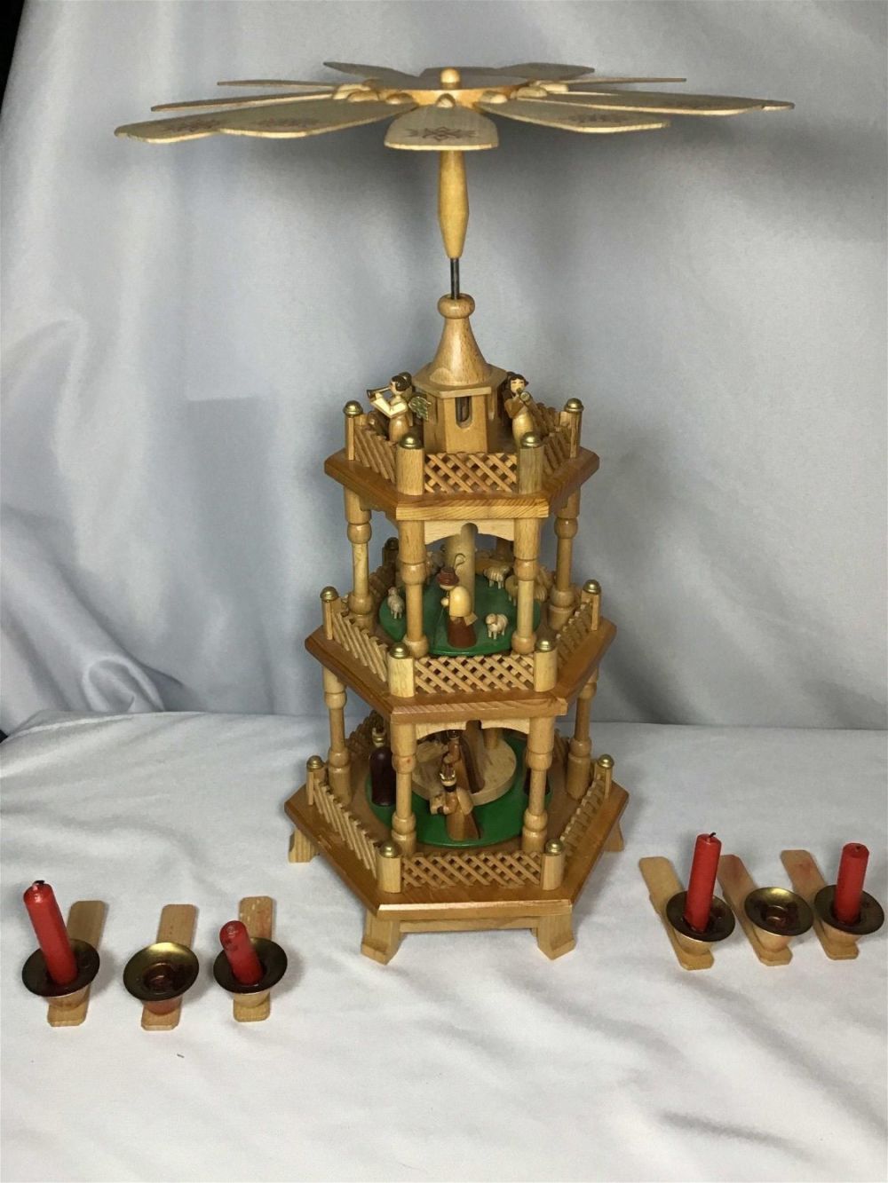 Lot 170: German Nativity Pyramid Wood Scene Spins, 3-tier with 6 candles