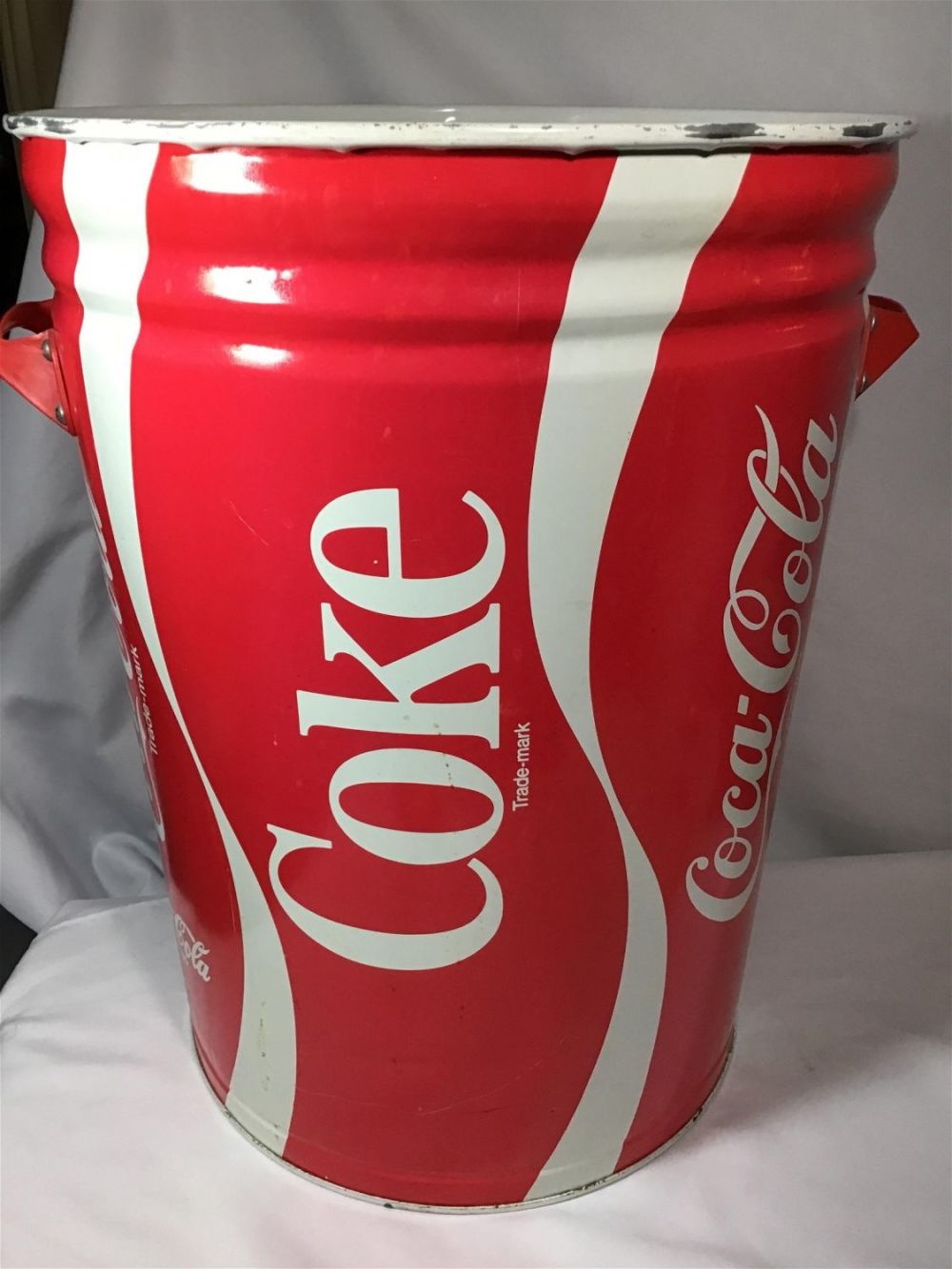 Lot 174: Vintage Heavy Duty Coca-Cola Trash Can Measures 23 inches tall without lid by 18 inches diameter