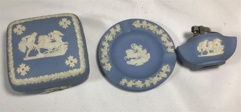 Lot 181: Wedgewood Cigarette Set of 3 Box measures 4 inches square plate measures 4.5 inches diameter