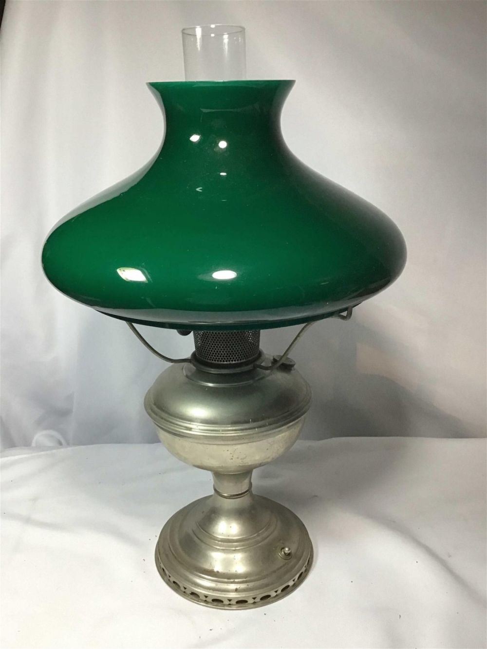 Lot 204: Vintage Glass Shade Lamp Needs new wire Measures 20 inches tall with shade