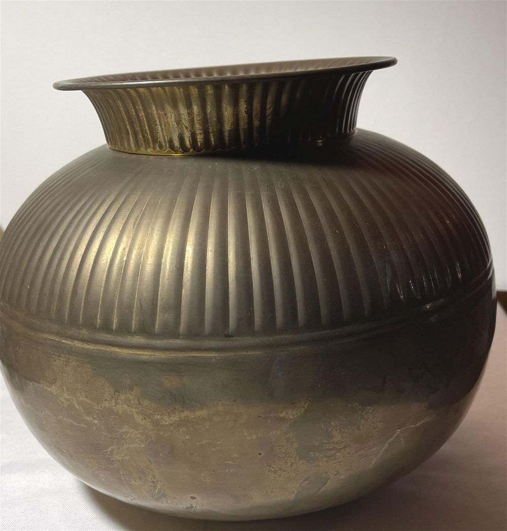 Lot 158: Early brass vase 11 inches across and a half inches tall top rim 6 inches