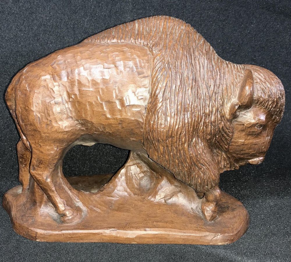 Lot 188: Early Syroco Wood Buffalo Statue Measures 6.5 inches tall by 9 inches wide
