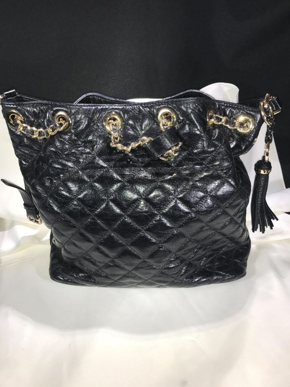 Lot 152: Michael Kors Purse - Diamond Pattern Black w/ Gold Trim