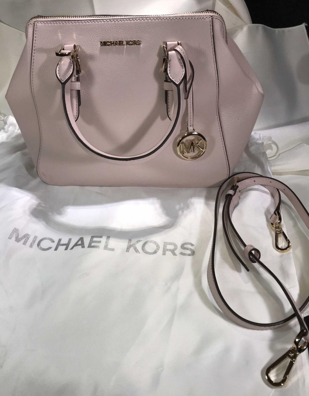 Lot 154: Michael Kors Pale Pink Large Satchel W/ Shoulder Strap & Dust Cover