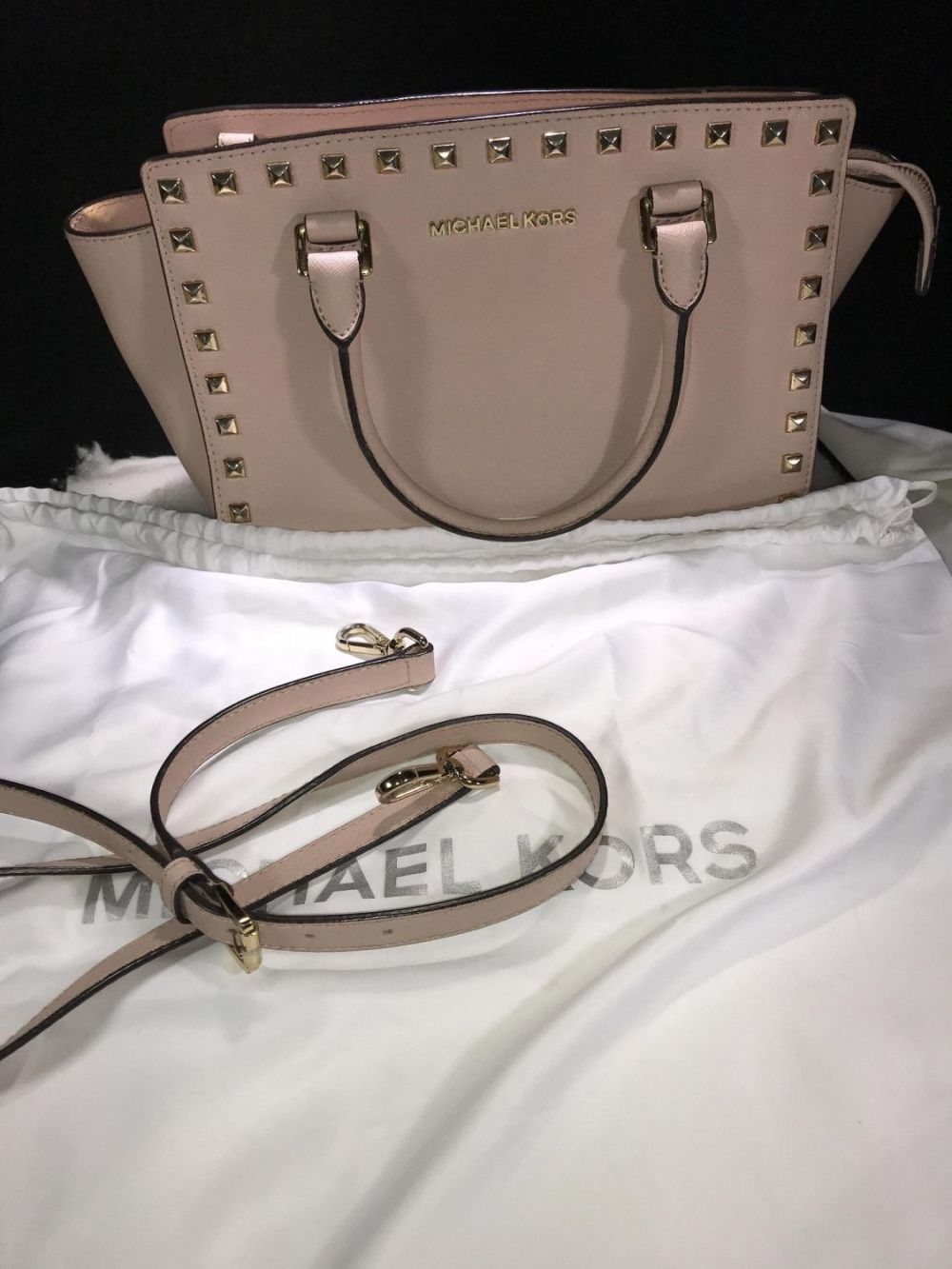 Lot 158: Michael Kors Pale Pink Studded Satchel Purse w/ Dust Protector
