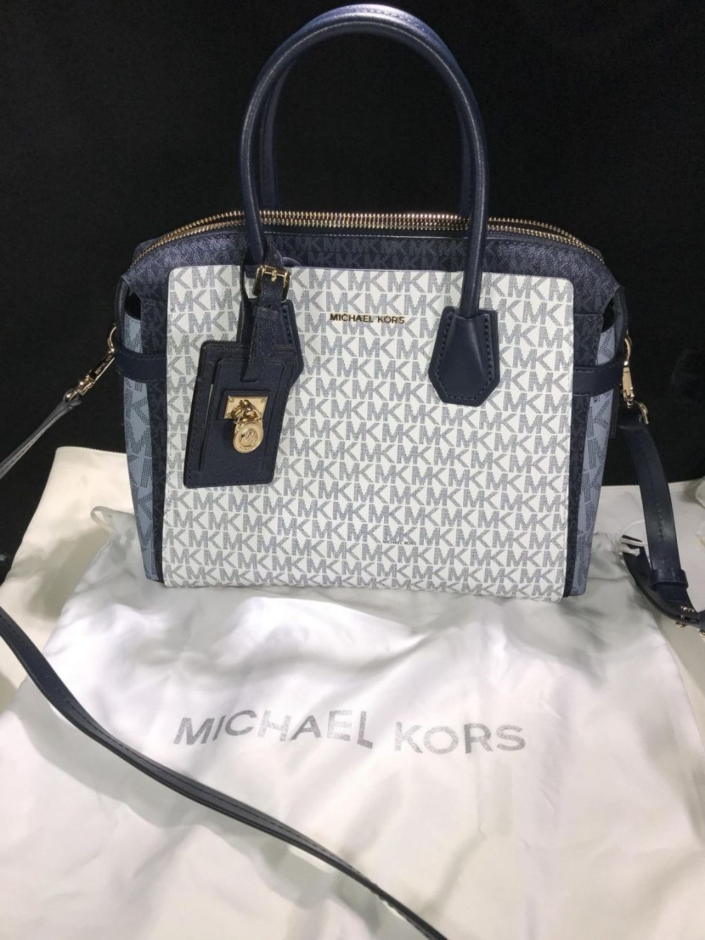 Lot 162: Michael Kors Navy/White/Pale Blue Purse With dust protector