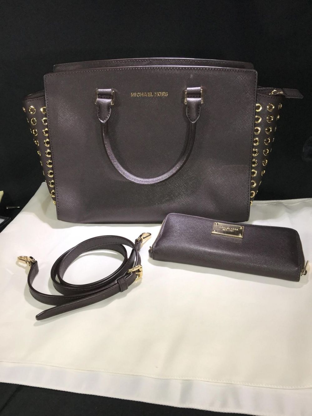 Lot 169: Michael Kors Dark Brown w/ Gold Accents Satchel w/ Wallet & Shoulder Strap