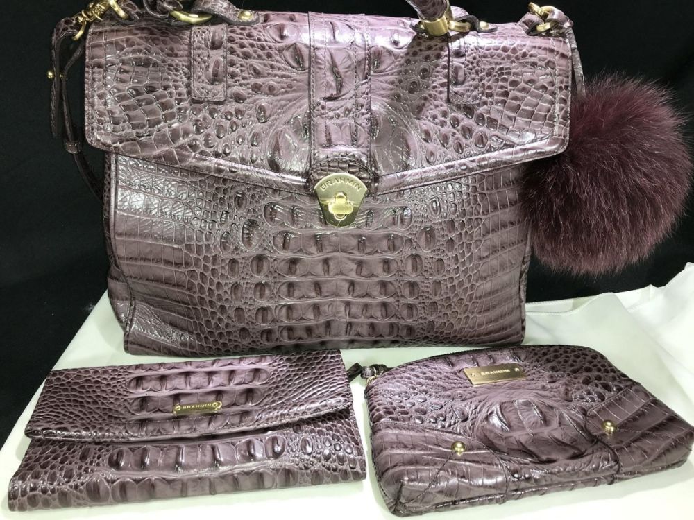 Lot 185: Brahmin Purple Satchel w/ Wallet & Wallet .