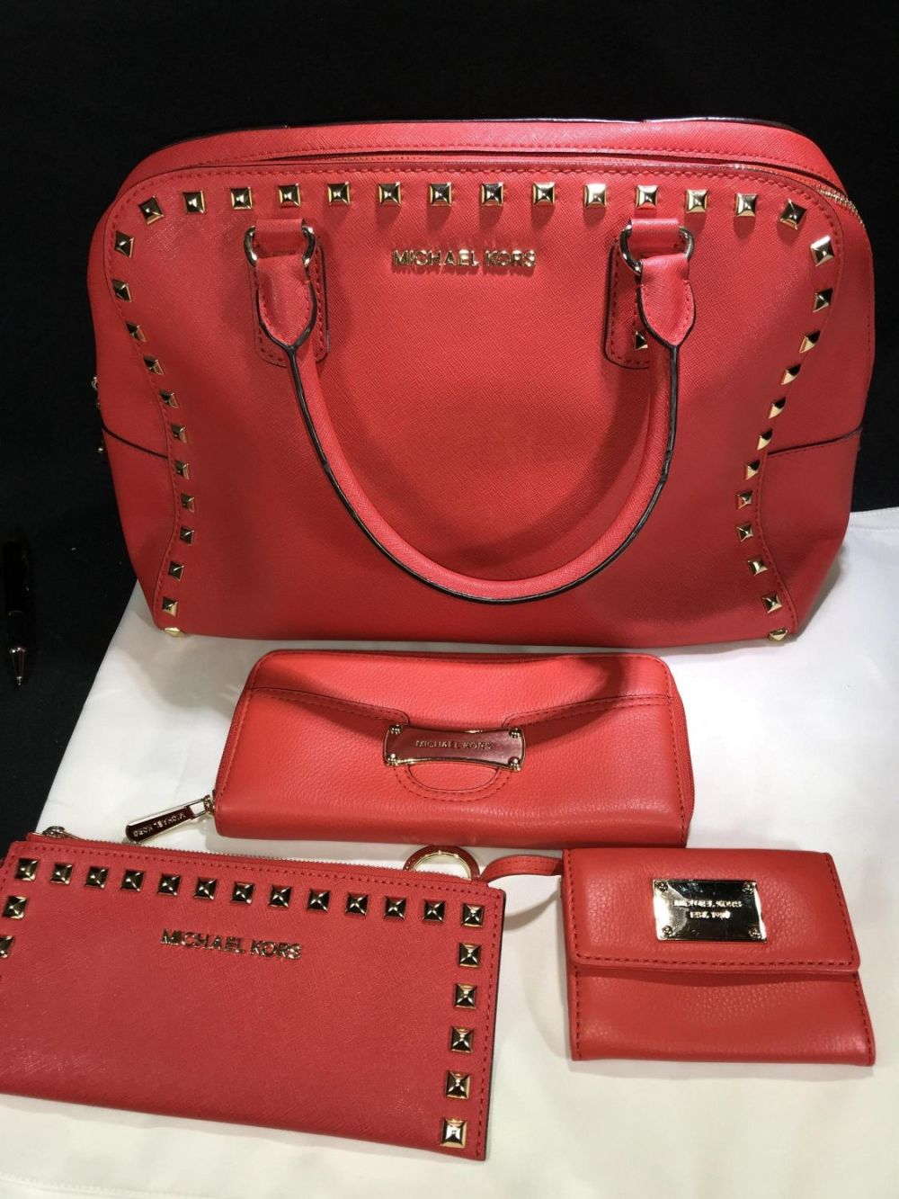 Lot 186: Michael Kors Red & Gold Studded Purse w/ Wallet & & wristlet