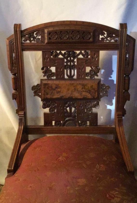 Lot 154: Victorian Burl Crest Chair, highly Detailed Measures H 36 x L 20 1/2 x D