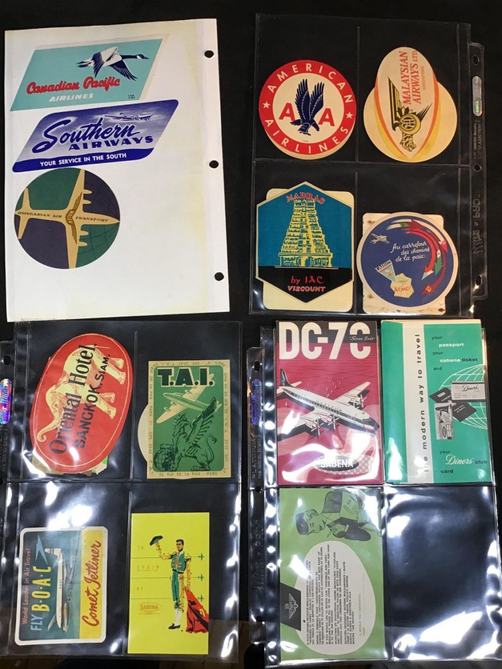 Lot 229: American Capital Malaysian Southern Canadian pacific Hungarian airways stickers & tags
