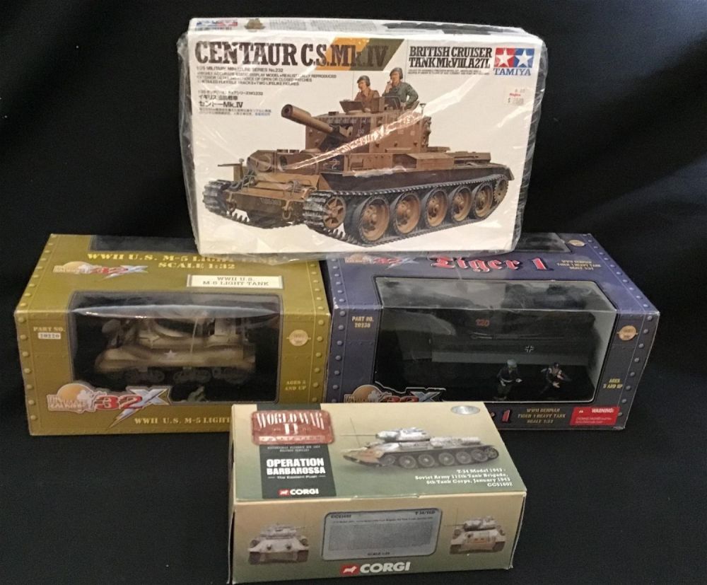 Lot 201: WW2 Tank Lot of 4 Ultimate Soldier Tiger I M-5 Corgi T-34 Tamiya Centaur Model Kit
