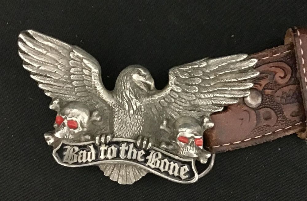 Lot 309: Bad to the Bone Belt Buckle w/ Leather Belt Strap