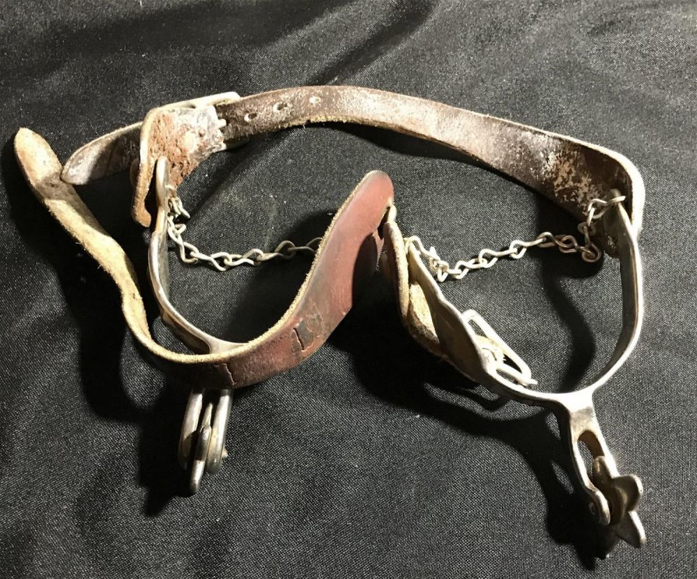 Lot 186: Vintage Horse Stirrups w/ Leather Bands, marked MR