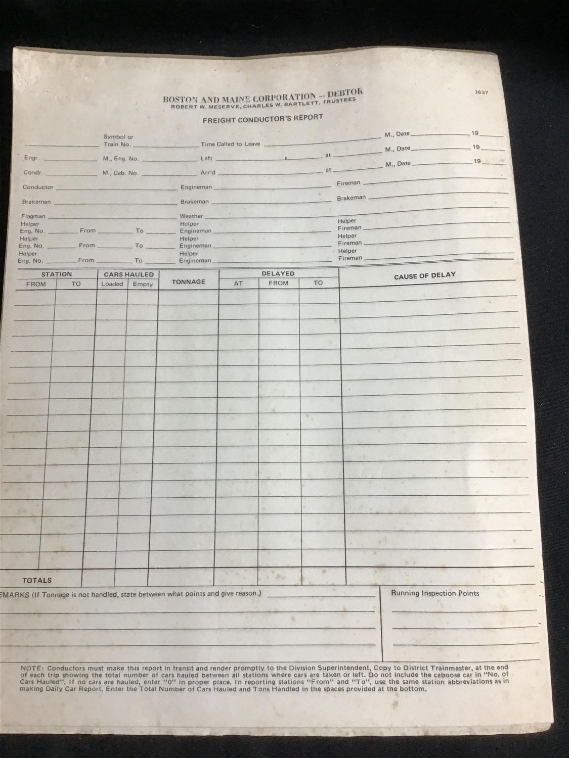 Lot 234 - Boston & Maine Corporation Freight Conductors Report pad At ...