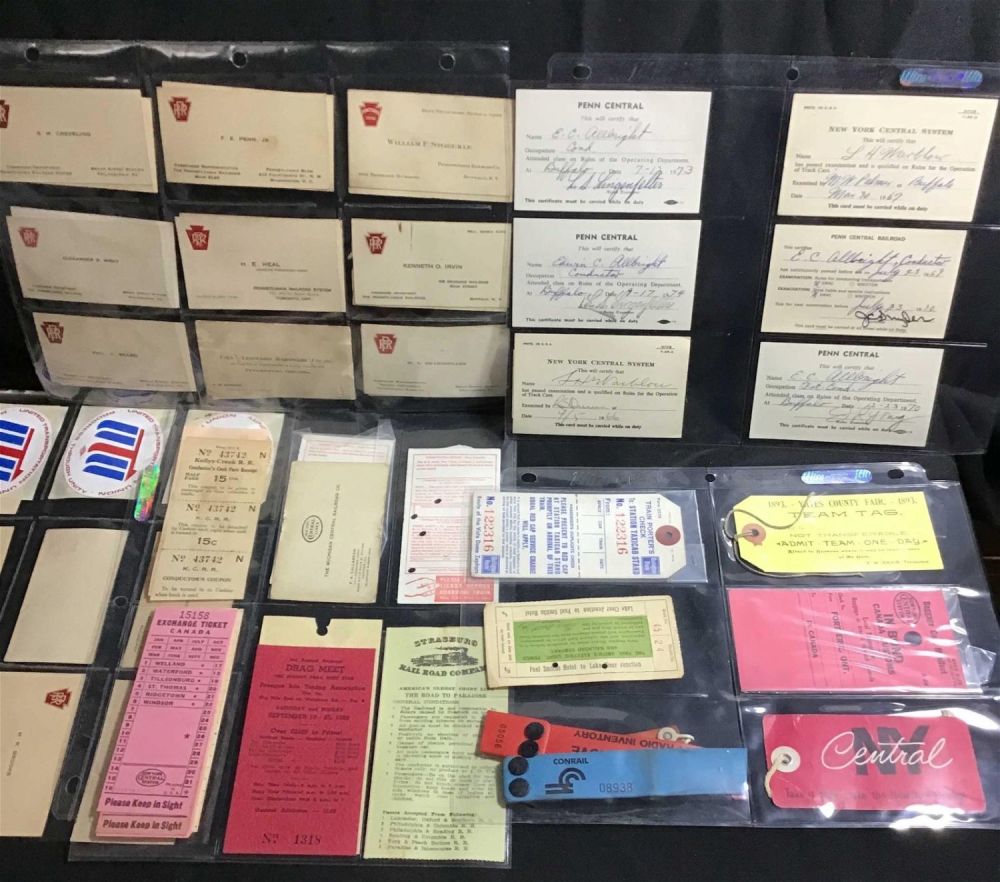 Lot 259: Pennsylvania Railroad Memorabilia Including business cards, class, certification, cards, baggage