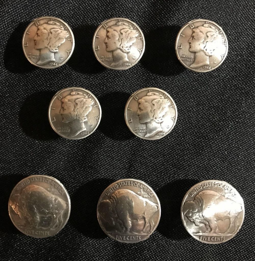 Lot 214: Five Mercury Head Dime buttons, and three Buffalo head nickel buttons
