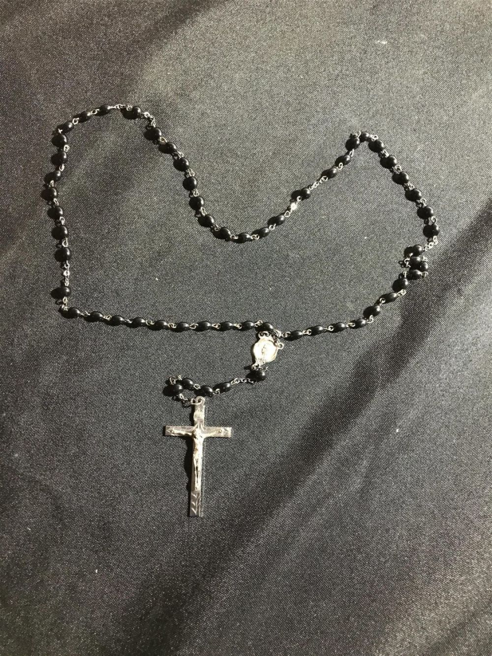 Lot 251: Vintage Rosary, Black Beads, &  Sterling Cross .