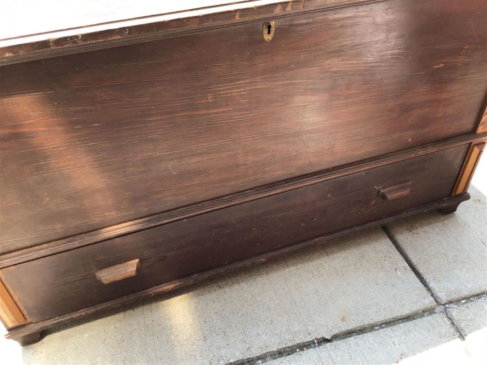 Lot 268: Vintage Inlay Hope Chest w/ Bottom Drawer Measures 4 feet by 22 inches depth by 27 inches tall