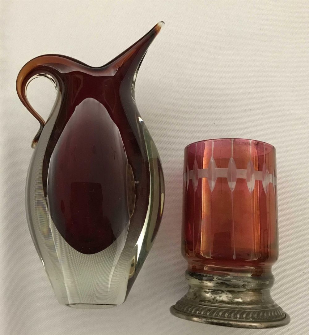 Lot 158: Cranberry Glass Creamer & Sterling Base Cup