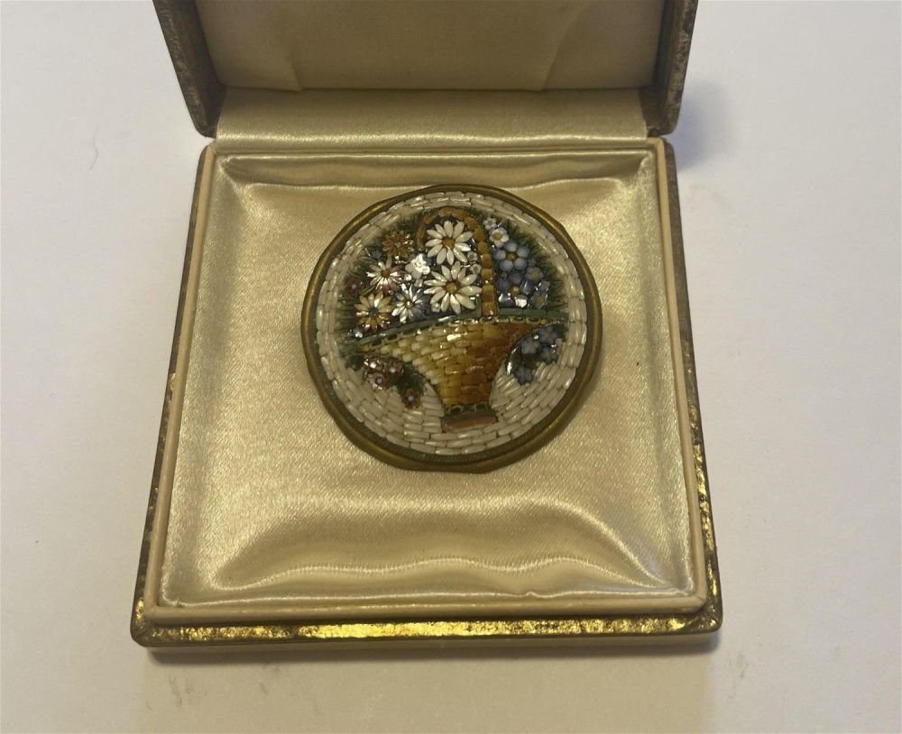 Lot 313: Vintage Mosaic Brooch Still Life Flowers in Basket