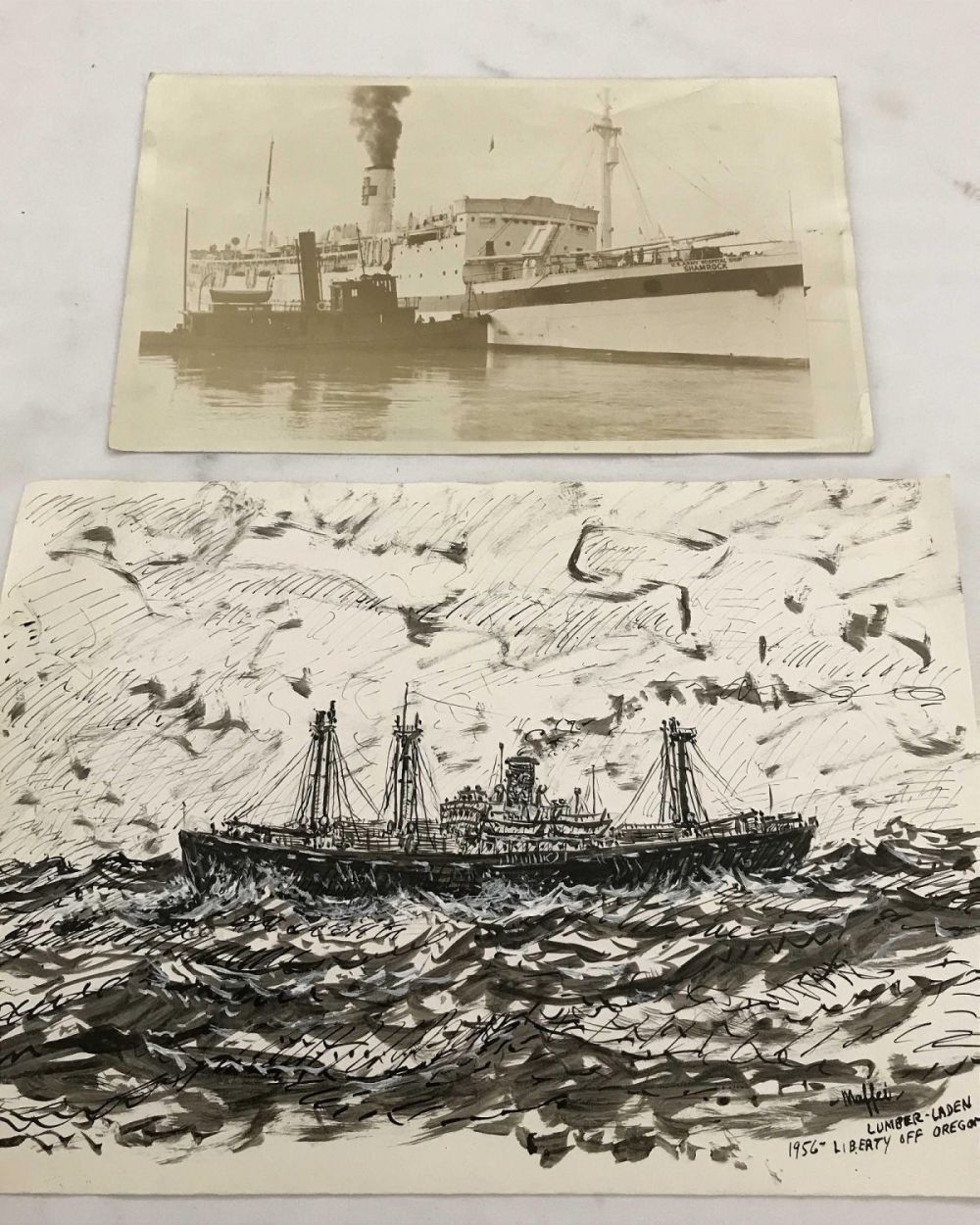 Lot 302: MAFFEI Sketch and Photograph Lumber Laden Boat