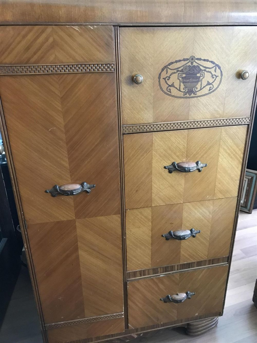 Lot 171: Vintage Chifferobe: Cedar Lined, 4 Large Drawers, One garment area, measures 62 hi 35 3/4 wide. 21.