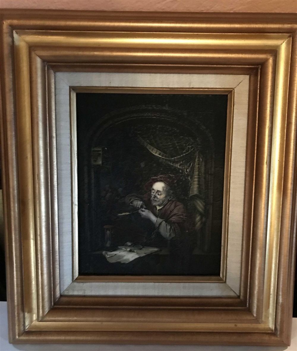 Lot 187: Glass Picture of Scribe Inside Wooden Frame Frame Measures 15" by 17 1/2" Picture measures 8" x 10"