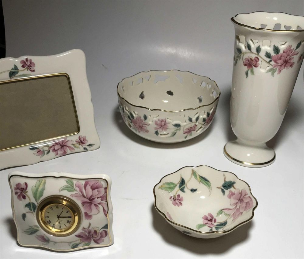 Lot 189: LENOX 5 piece Collection of Pink Flowered Pieces Picture frame, small clock, small dish, candy bowl