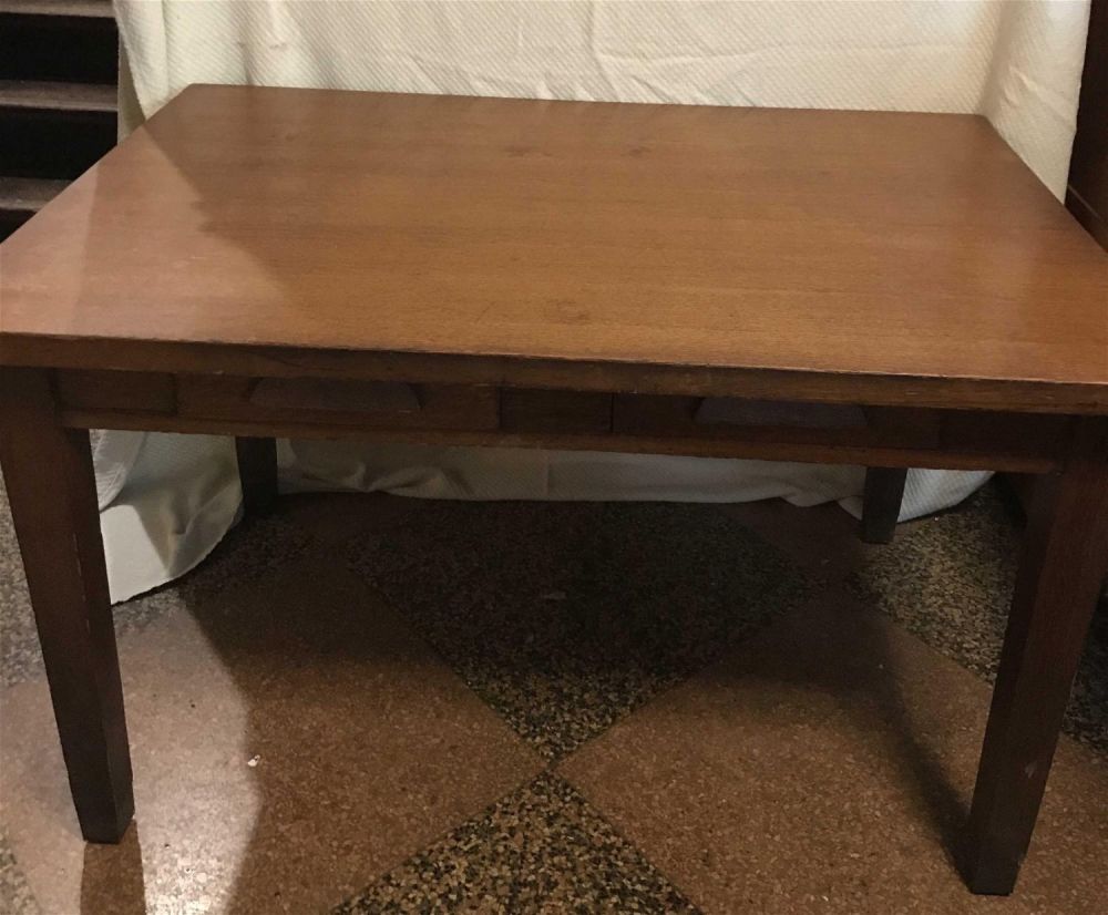Lot 193: Vintage 2-Drawer Oak Table measurements, 50 inches wide, 34 inches deep 30 inches high, a very nice