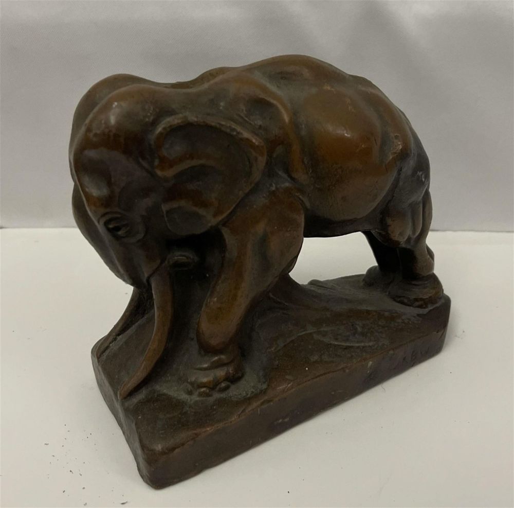 Lot 202: Vintage Brass Wrapped Elephant Sculpture Signed KBW art. Measures height 6 inches length 6 1/2
