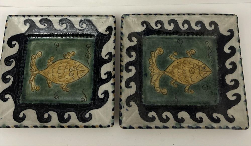 Lot 204: Vintage Fish Plates (2) Stoneware pieces with great glaze. Each measures 7 1/2 in. square