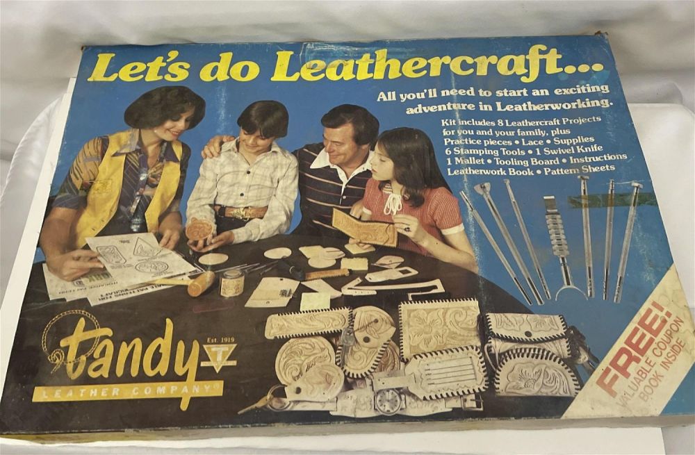 Lot 210: Vintage Letâ€™s Do Leathercraft set by Tandy Corp. Never used!