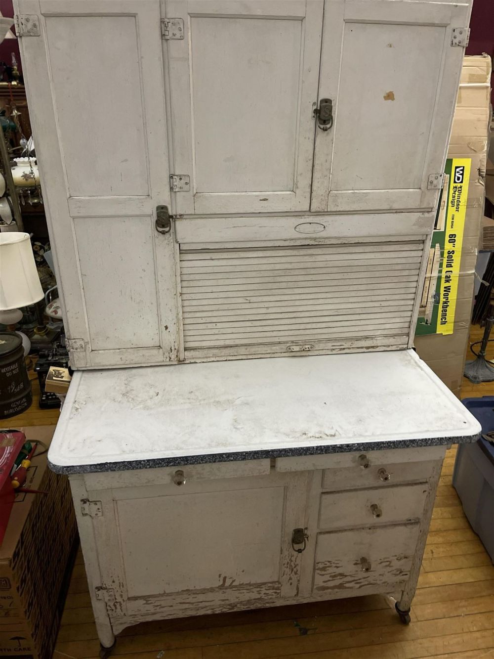 Lot 229: Vintage Hoosier Cabinet by Initial S - Working Rolltop middle drawer with pull out Tray, one opening