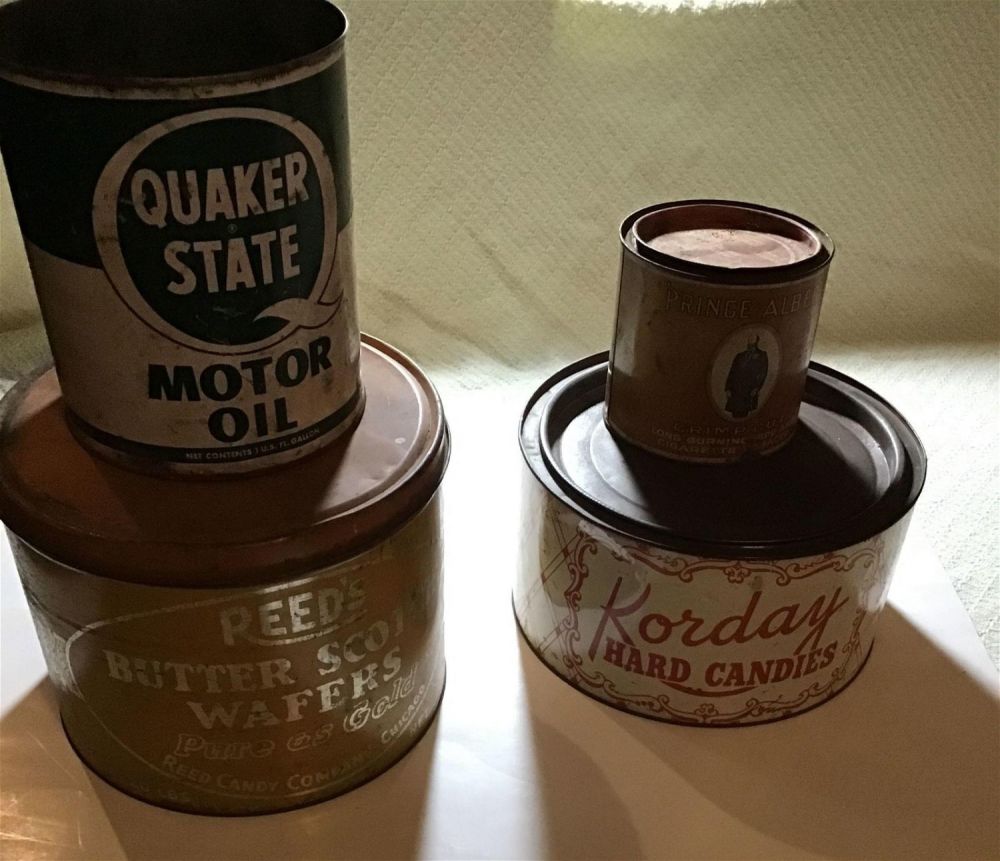 Lot 241: Vintage Advertising Tins (4) Korday Hard Candies Measures 10 1/2 x 5 1/2 reeds Candy co 10 x 8