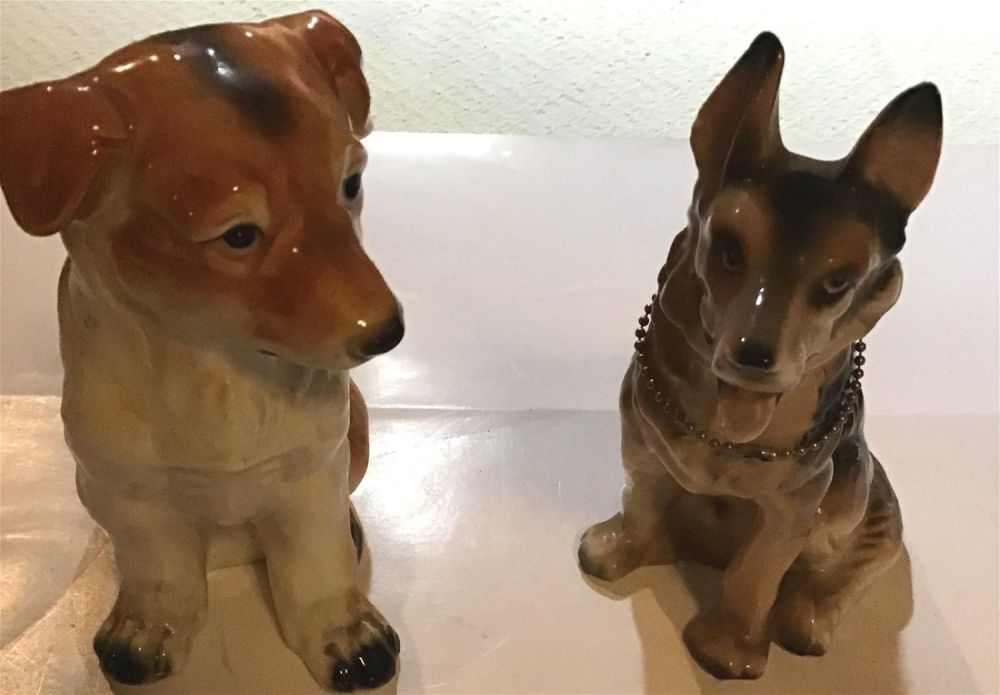 Lot 249: Ceramic Dog Figurines (2) both measure 7 inches tall