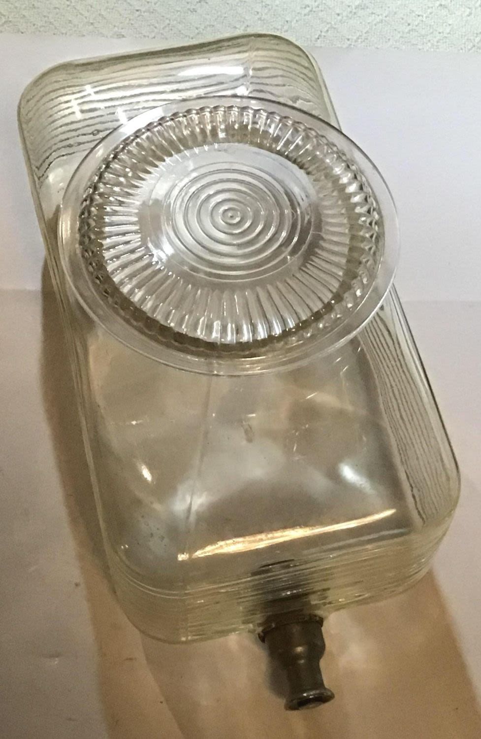 Lot 251: Retro Glass Storage Container for Liquid in Refrigerator with round glass top, measures 4 3/4 x 10
