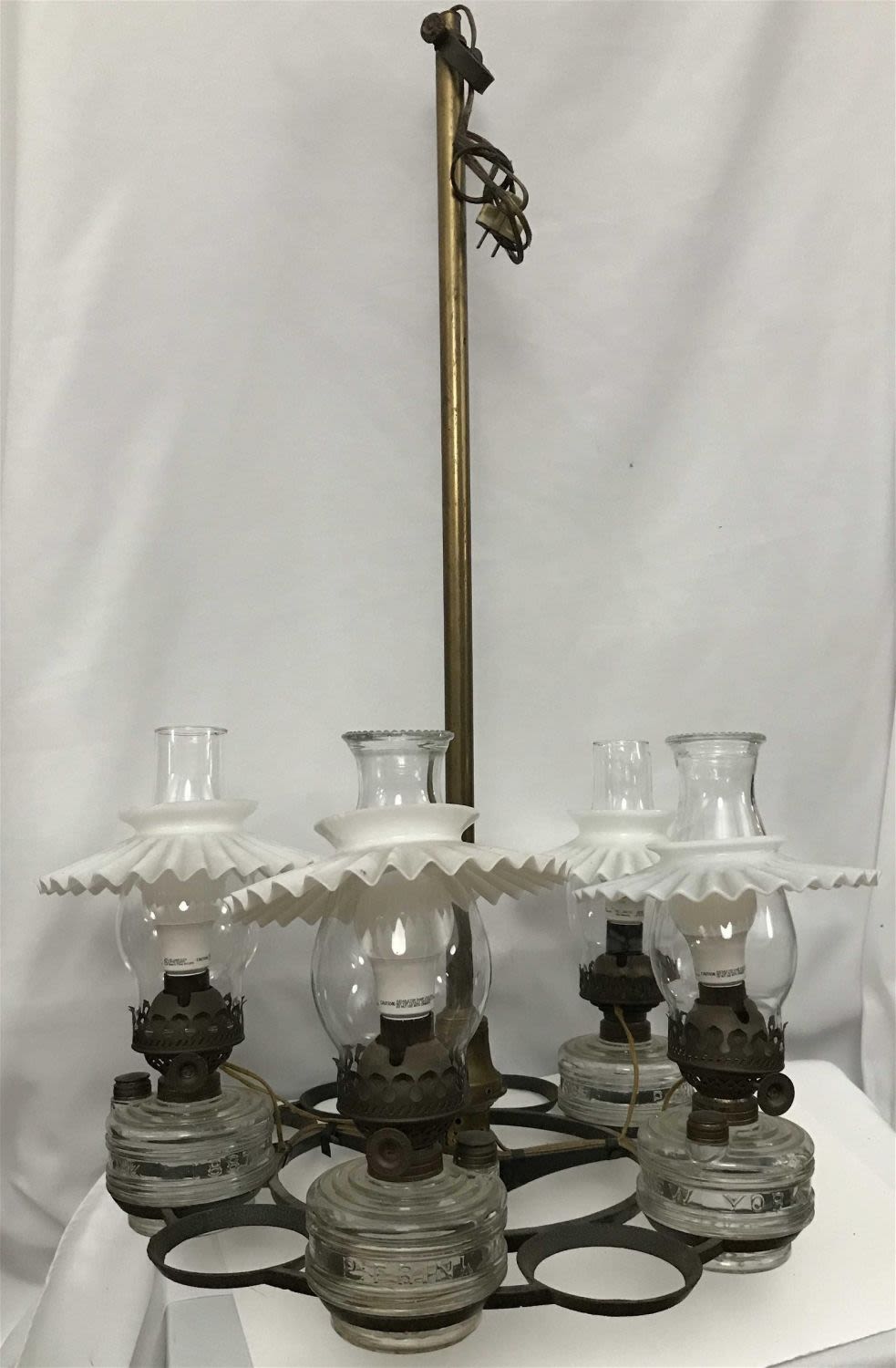 Lot 262: Vintage I P Frink 1887 New York Lantern Chandelier with four converted lanterns