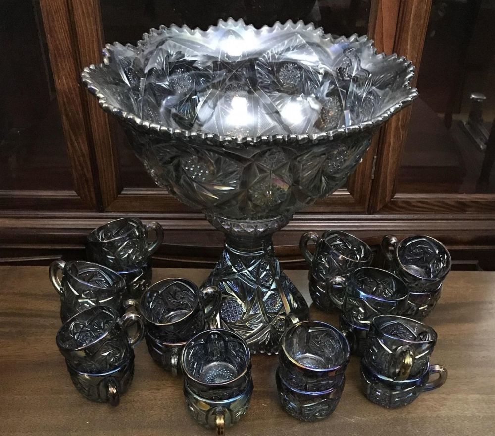 Lot 263: Punch Bowl Set with 20 cups Aurora Borealis blue, Quite beautiful!
