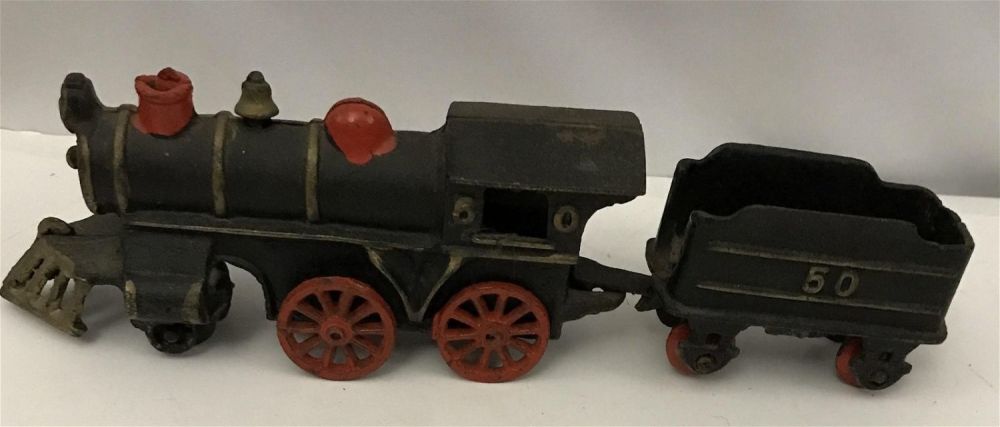 Lot 280: Cast-iron Locomotive with Coal Car total length connected 11â€ x 3 1/2â€