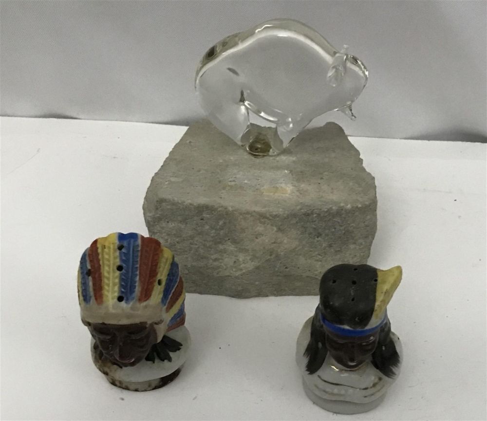 Lot 283: Native Head Salt & Pepper Shakers w/ Glass Buffalo perched on rock